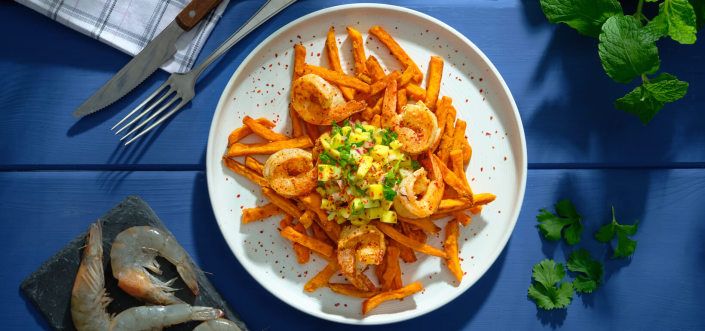 AVIKO Sweet potato fries ar garnelēm un mango-marakuja-čilli salsu 