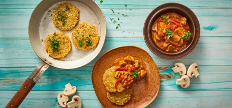 Kartupeļu pankūkas ar ķiploku un majorānu un dārzeņu Strogonovu