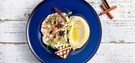 Cepti ziedkāposti ar kanēli, grilēto halloumi un biezeni ar pienu un sviestu